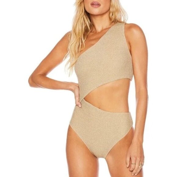 Beach Riot Small Celine One Shoulder Gold Metallic Cutout One Piece Swimsuit NEW - Picture 1 of 2